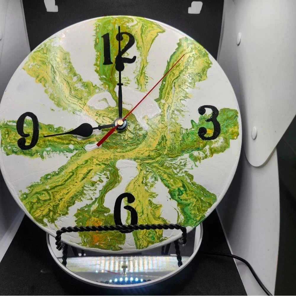 Hand Crafted Abstract Hanging Wall Clock Analog  Vinyl Record Fluid Art Decor